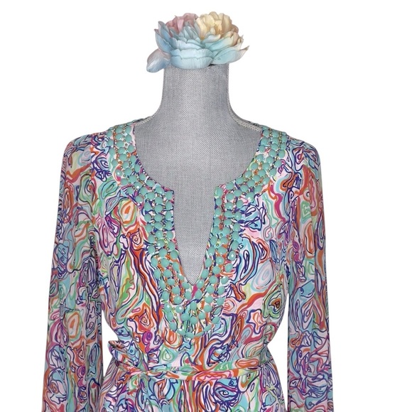 Lilly Pulitzer Saemus What A Catch Beaded Belted Silk CDC Tunic Shift Dress Sz 4 - Picture 3 of 14